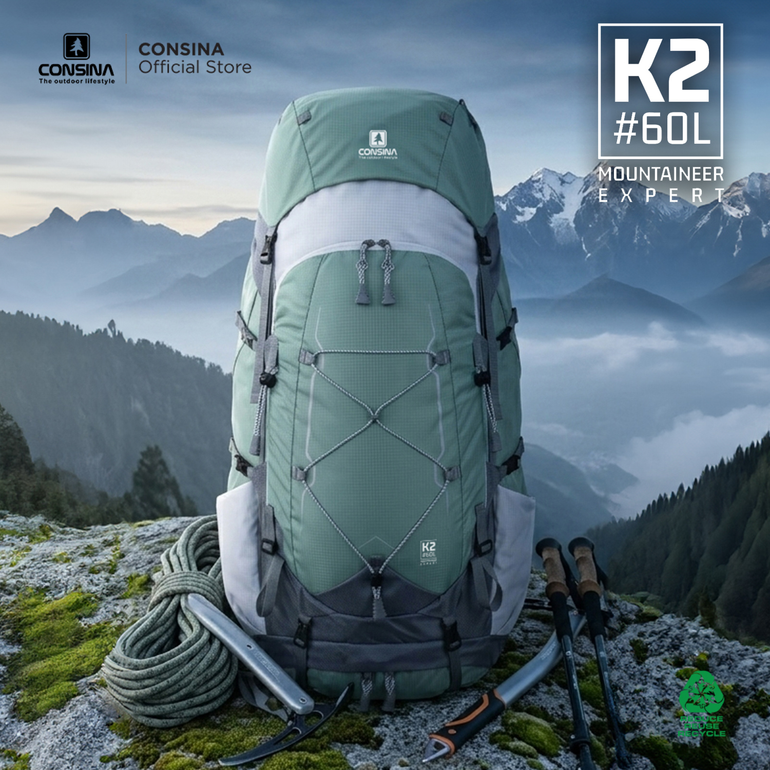 CONSINA K2 RANSEL GUNUNG TRAVEL 60+5L | OUTDOOR HIKING EXPEDITION EXPERT SERIES